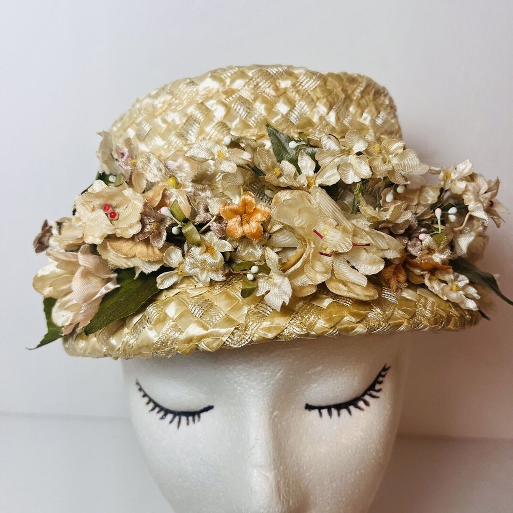 Vintage Beige Ribbon Straw Silk Millinery Flowers Cloche Hat 22 Off White Ivory